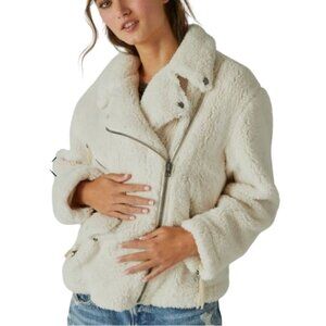 Lucky Brand Ivory Vegan Faux Shearling Sherpa Moto Jacket Womens Sz L Teddy Bear